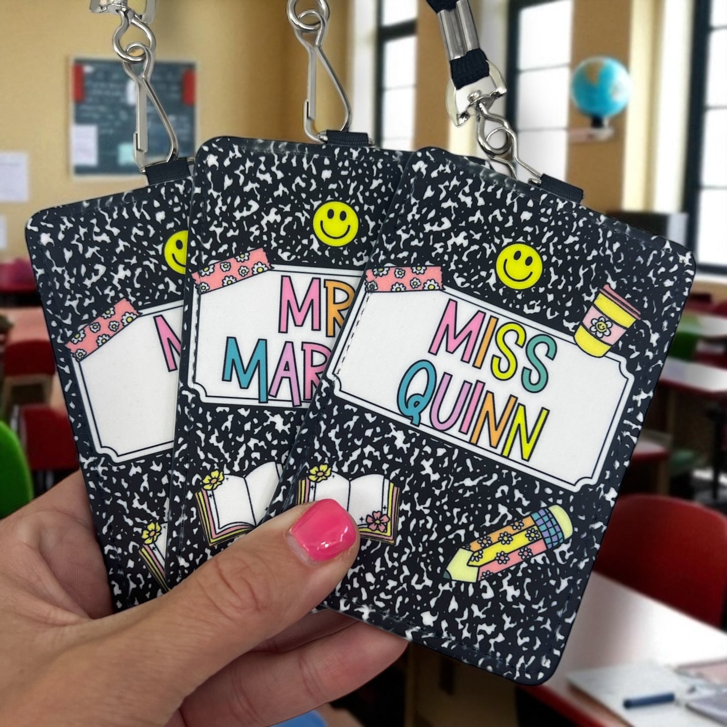 Personalized Teacher ID Badge Holder – Composition Notebook Design with Lanyard