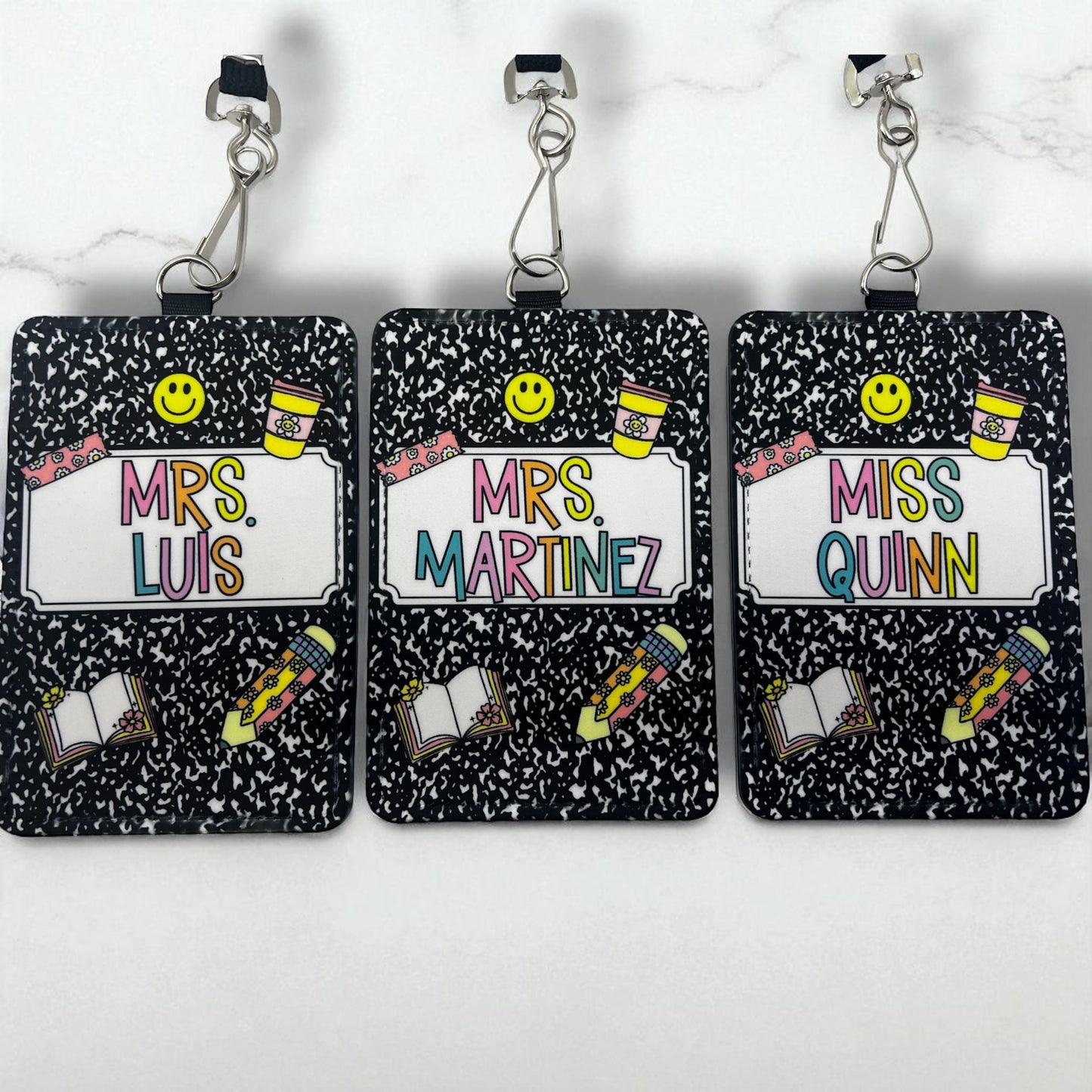Personalized Teacher ID Badge Holder – Composition Notebook Design with Lanyard