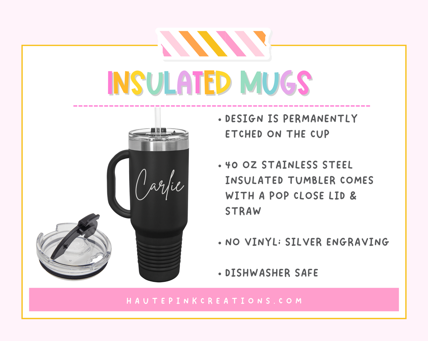 40 oz Insulated Tumbler with Handle – Personalized Engraved Cup | Dishwasher Safe | Slide Lid & Straw | Fits Cup Holders