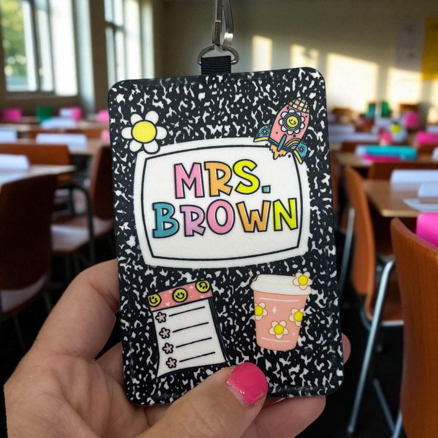 Personalized Teacher ID Badge Holder – Composition Notebook Design with Lanyard