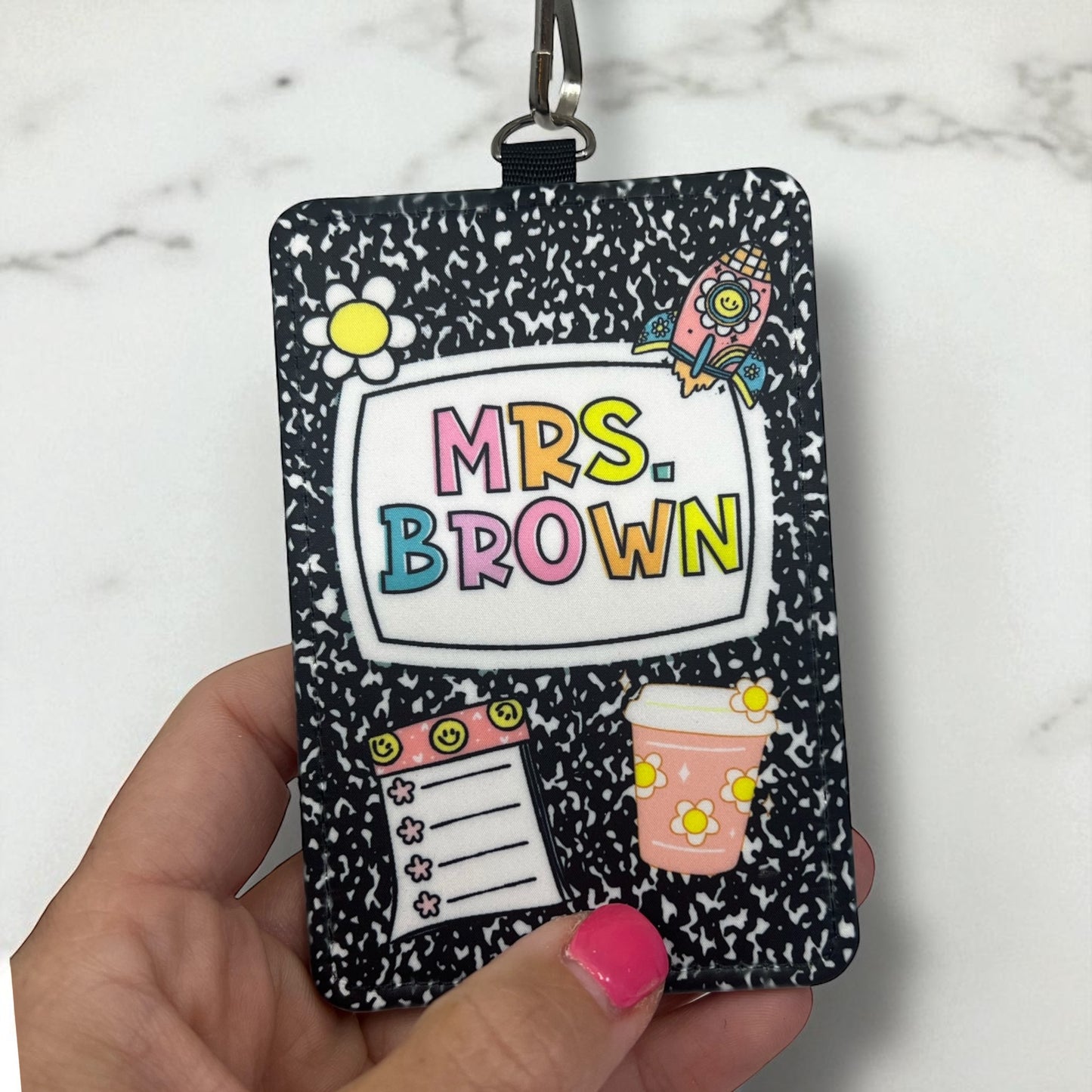 Personalized Teacher ID Badge Holder – Composition Notebook Design with Lanyard