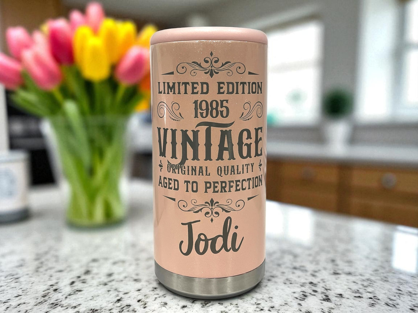 Milestone Birthday Slim Can Cooler – Laser Engraved, Vintage Design, Personalized Insulated Birthday Gift