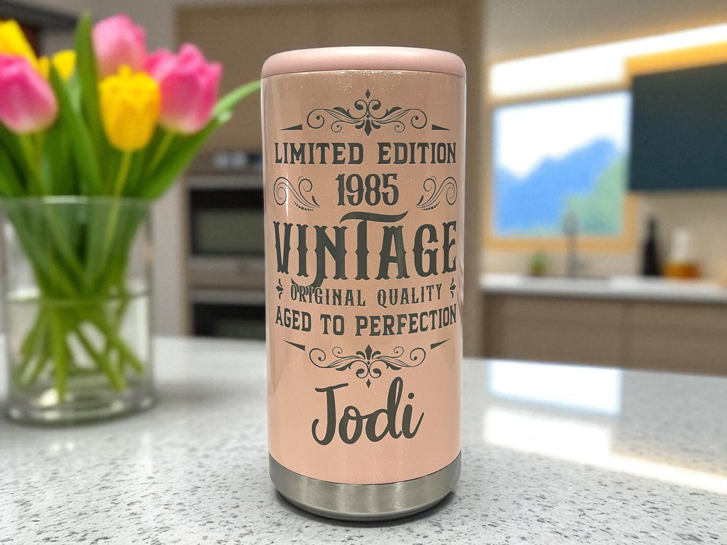 Milestone Birthday Slim Can Cooler – Laser Engraved, Vintage Design, Personalized Insulated Birthday Gift