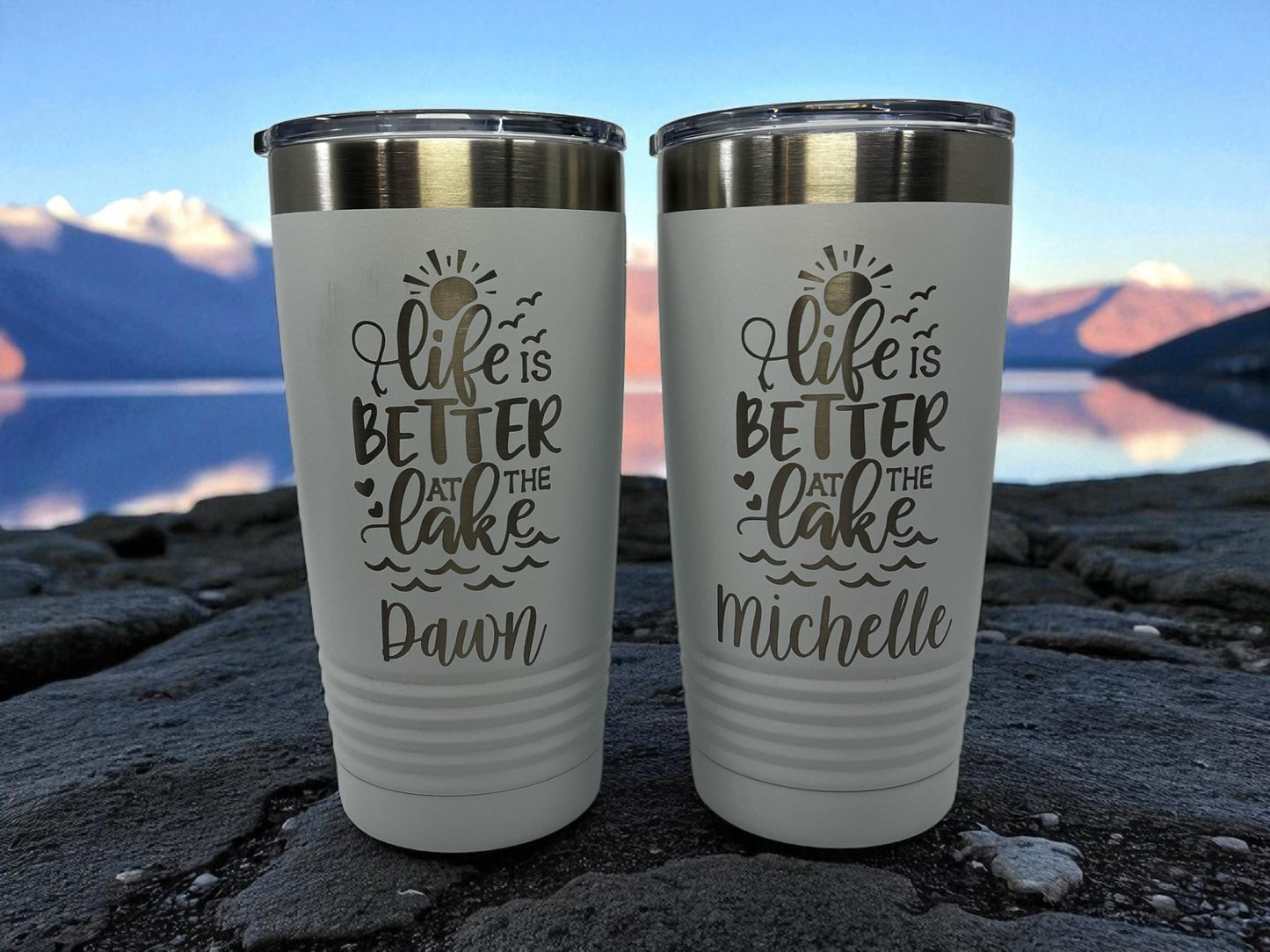 Life is Better at the Lake Travel Cup – 20 oz Laser Engraved, Personalized, Multiple Colors, Dishwasher Safe