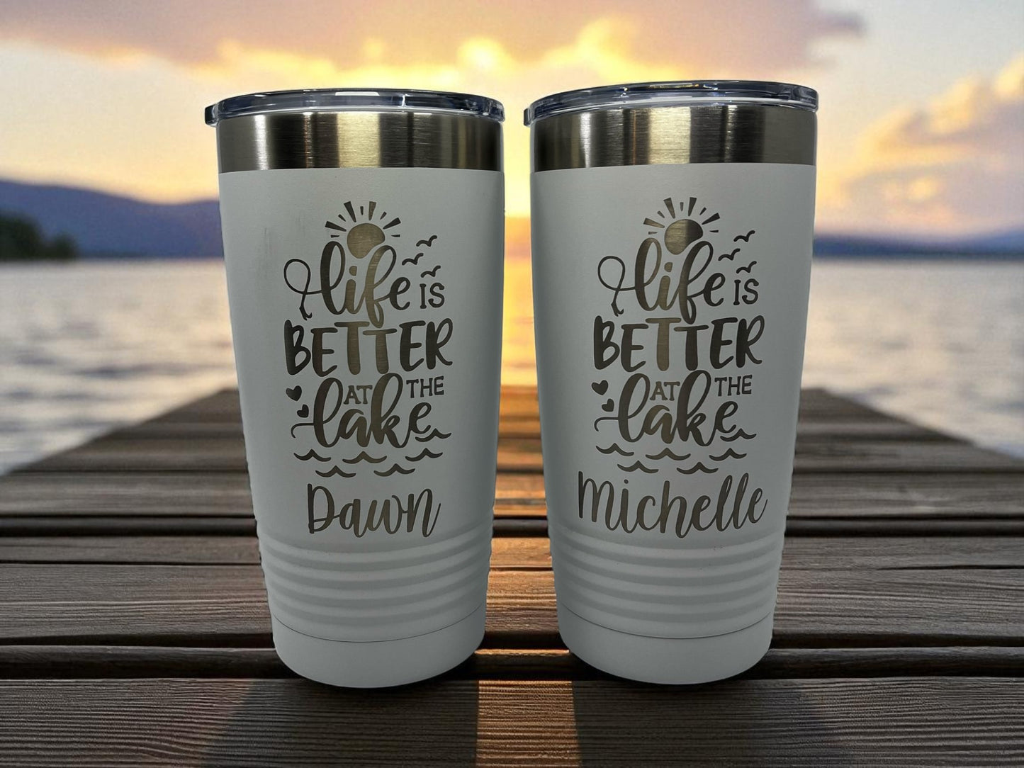 Life is Better at the Lake Travel Cup – 20 oz Laser Engraved, Personalized, Multiple Colors, Dishwasher Safe