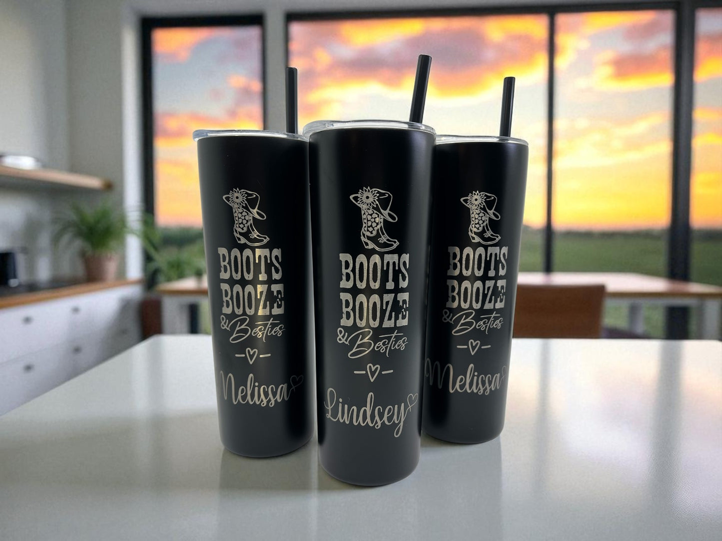 Boots Booze and Besties Tumbler – 20 oz Skinny Laser Engraved, Personalized Cowgirl Bachelorette Favor