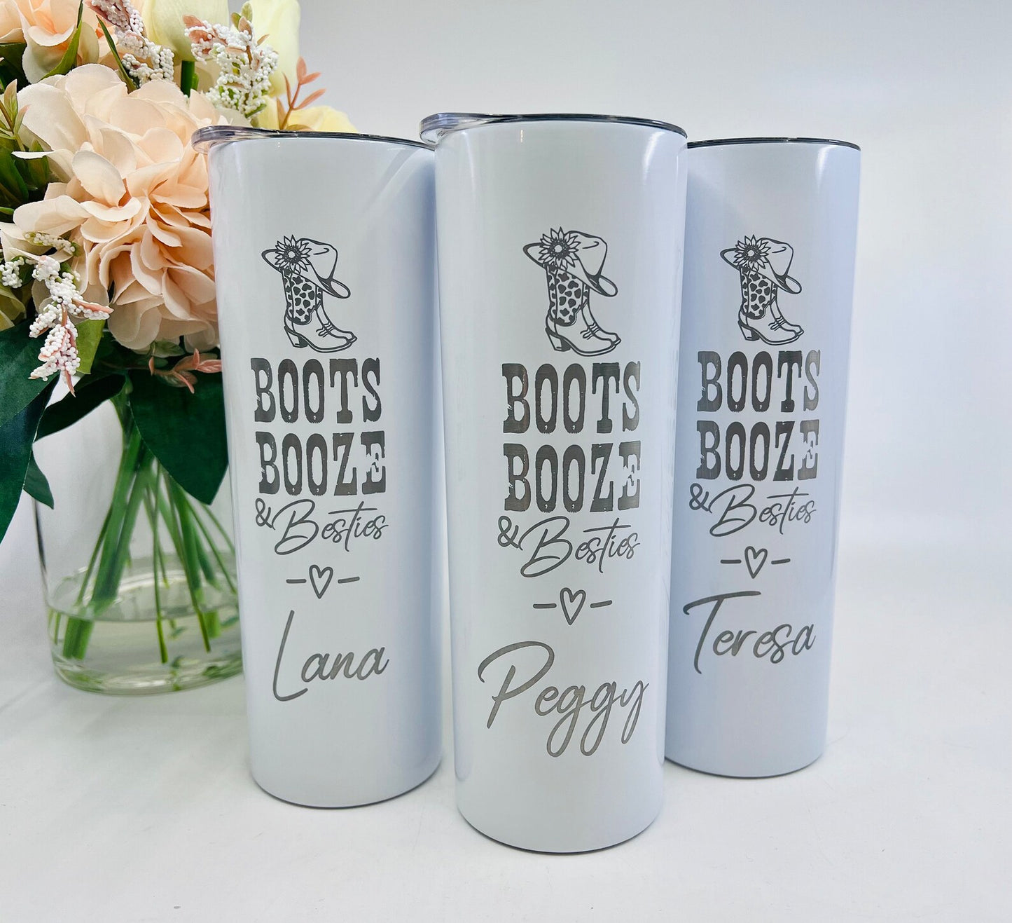 Boots Booze and Besties Tumbler – 20 oz Skinny Laser Engraved, Personalized Cowgirl Bachelorette Favor