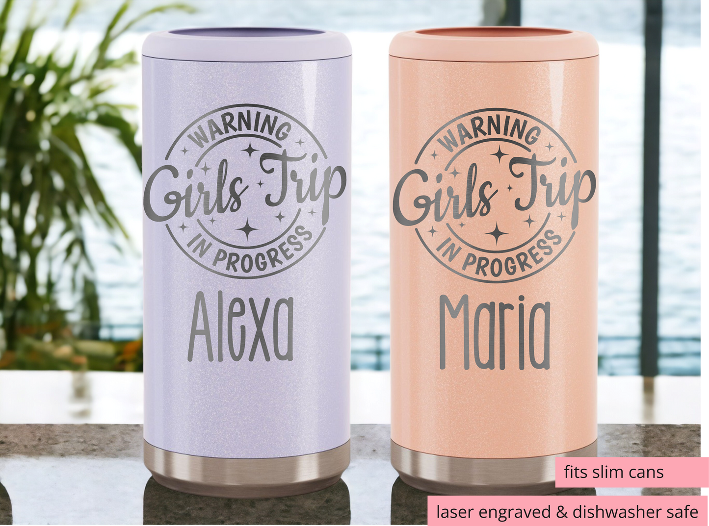 Girls Trip Slim Can Cooler – Laser Engraved, Insulated, Personalized Bachelorette or Girls Weekend Favor