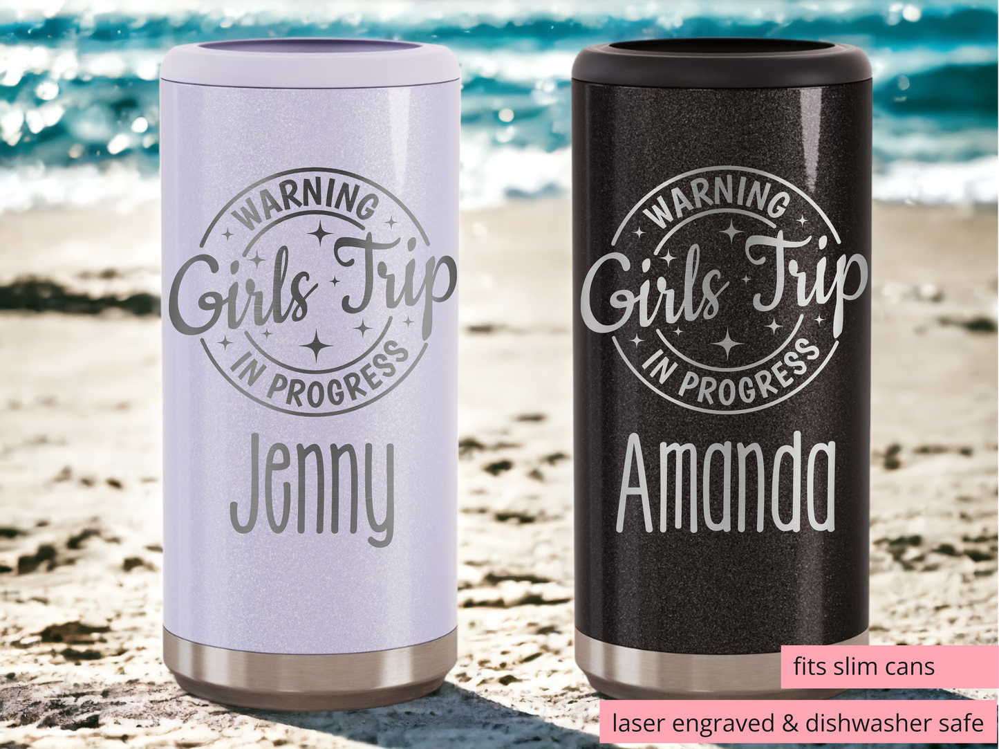 Girls Trip Slim Can Cooler – Laser Engraved, Insulated, Personalized Bachelorette or Girls Weekend Favor