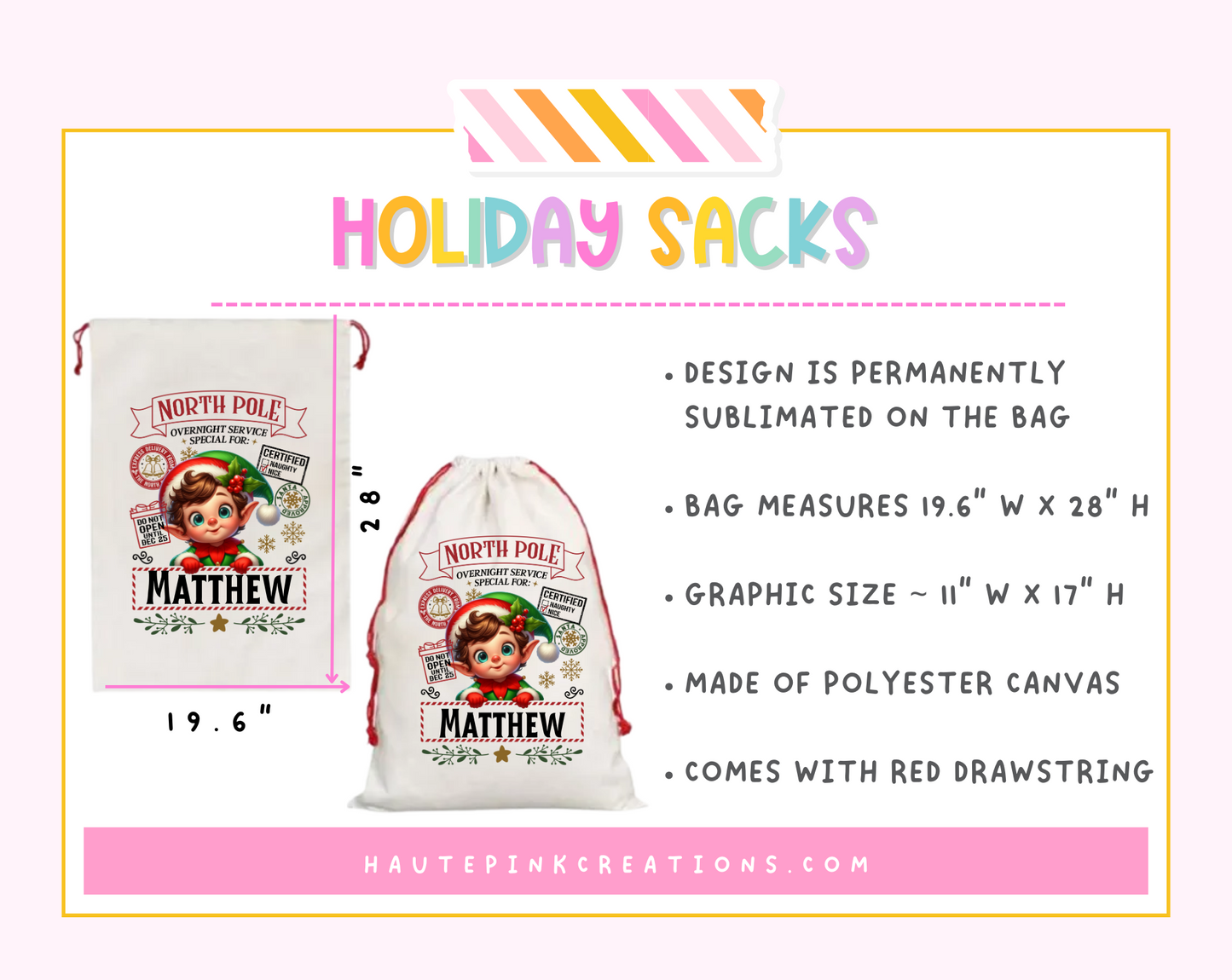 Personalized Christmas Gift Sack with Red Drawstring – Large 19.6" x 28" Santa Sack