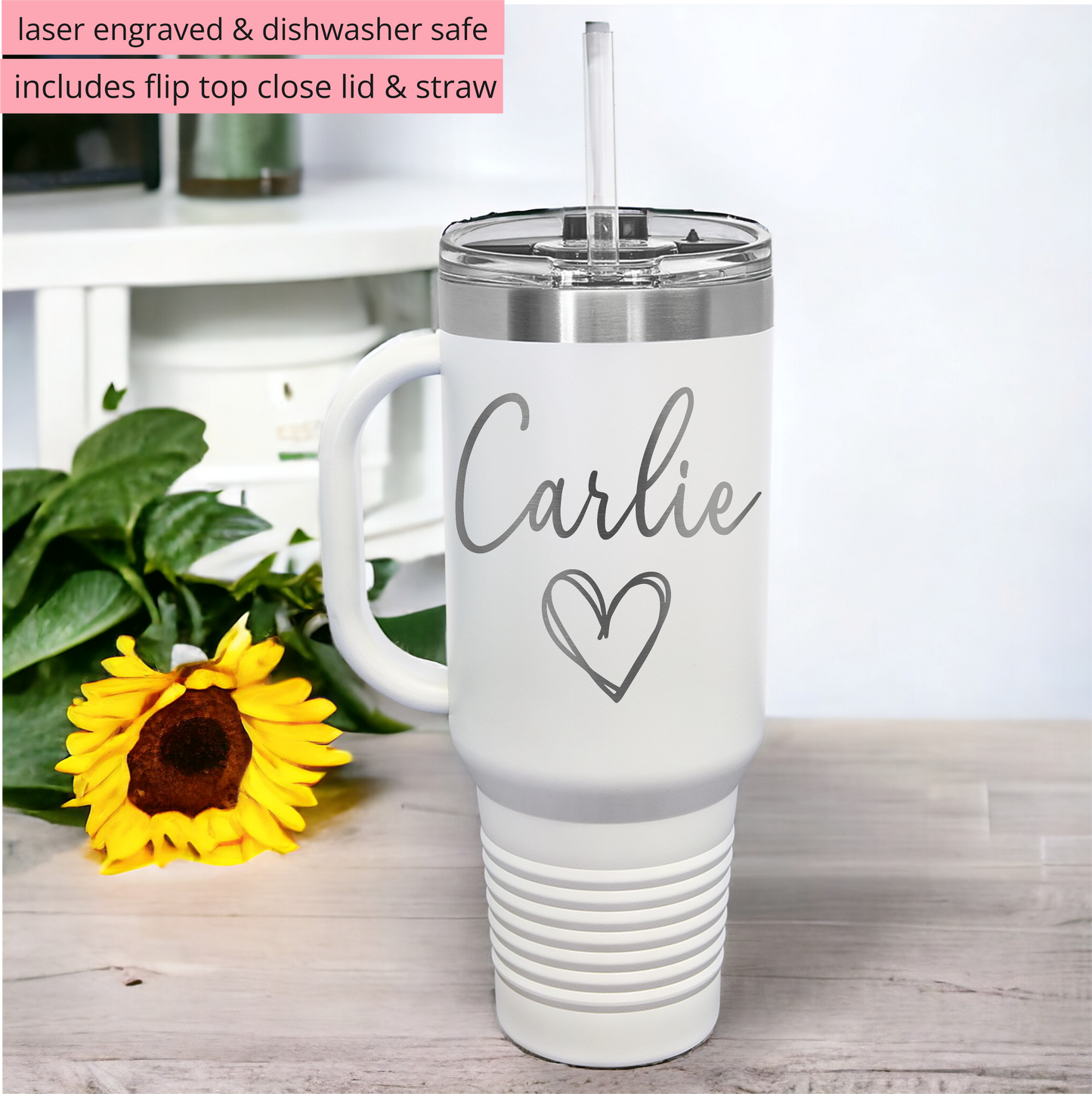 40 oz Insulated Tumbler with Handle – Personalized Engraved Cup | Dishwasher Safe | Slide Lid & Straw | Fits Cup Holders