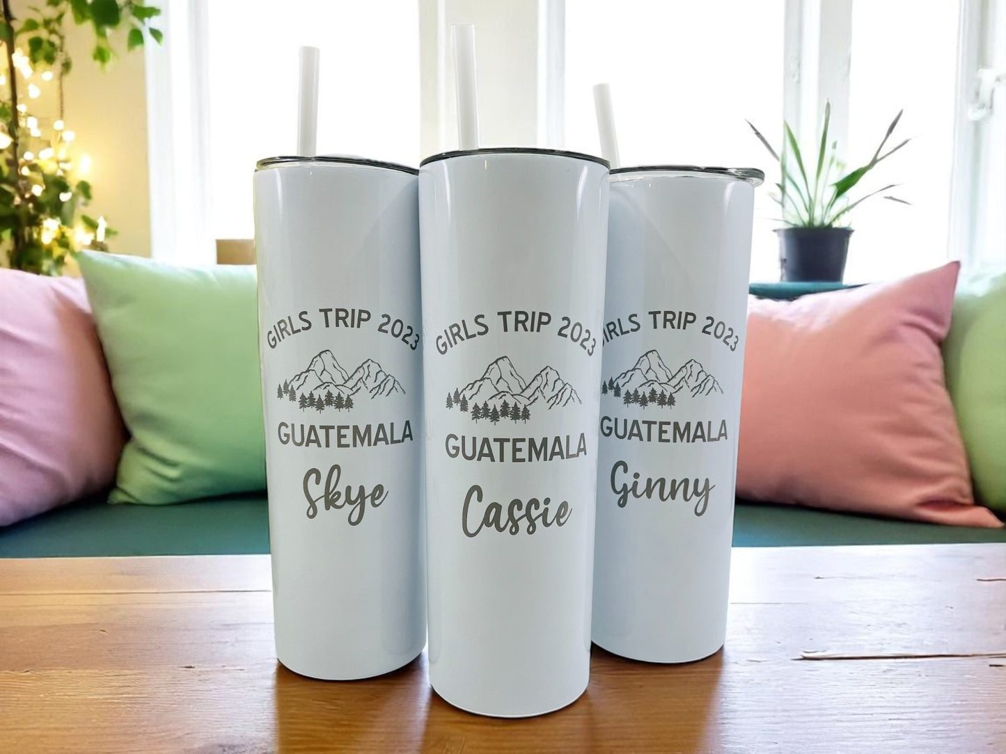 Personalized Mountain Adventure Tumbler – 20 oz Laser Engraved Skinny Tumbler with Name & Location – Dishwasher Safe Travel Cup with Lid & Straw