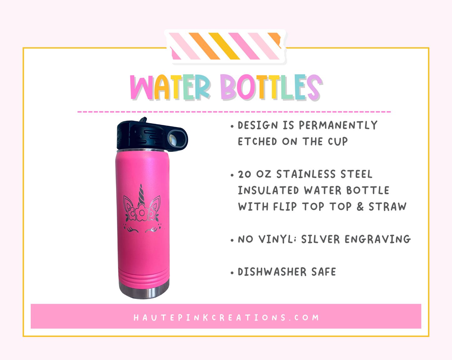 Personalized 20 oz Laser Engraved Water Bottle – Stainless Steel, Insulated, Leak-Proof with Straw