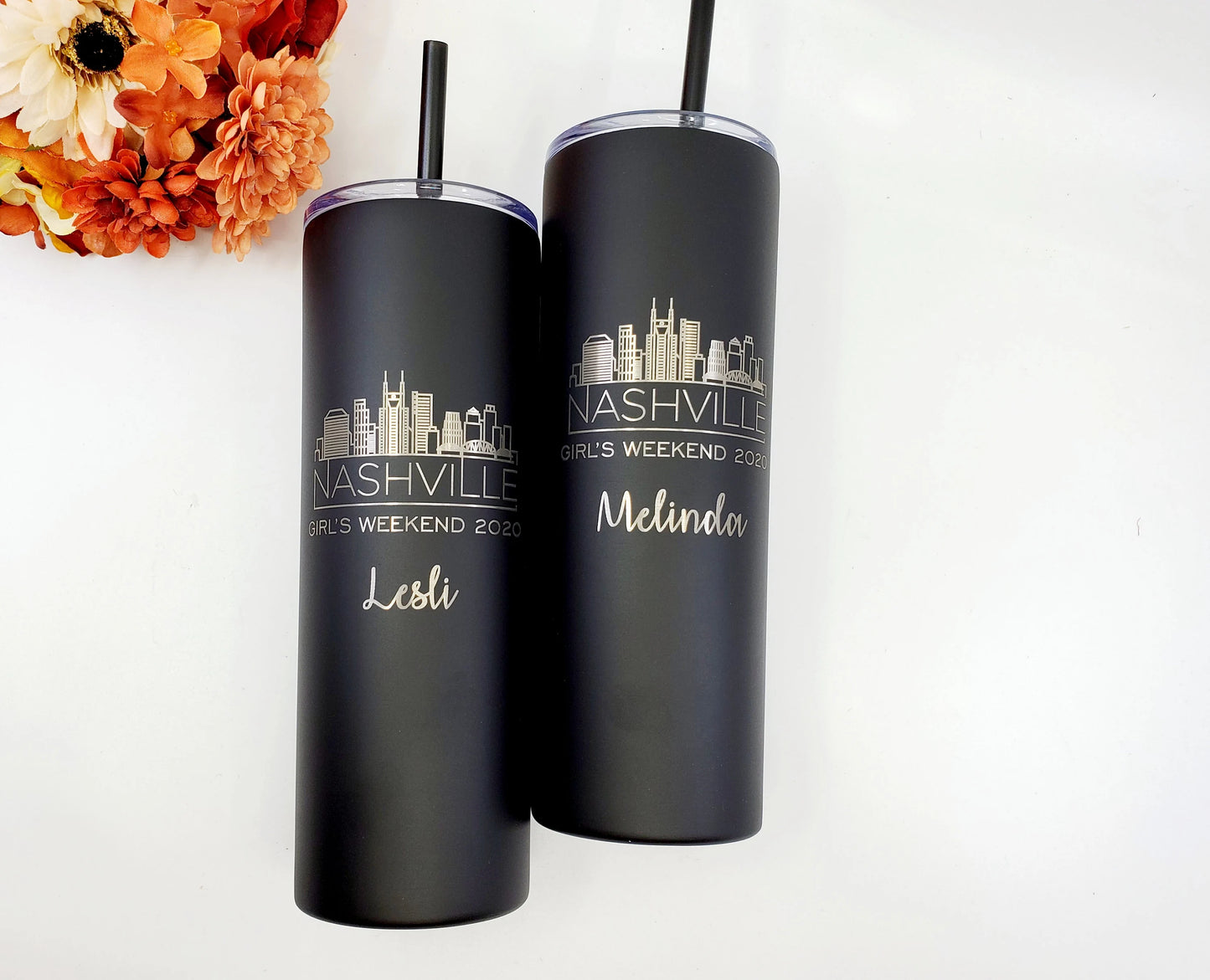City Skyline Tumbler – Nashville Bachelorette, 20 oz Skinny Laser Engraved, Personalized Bachelorette or Birthday Party Favor
