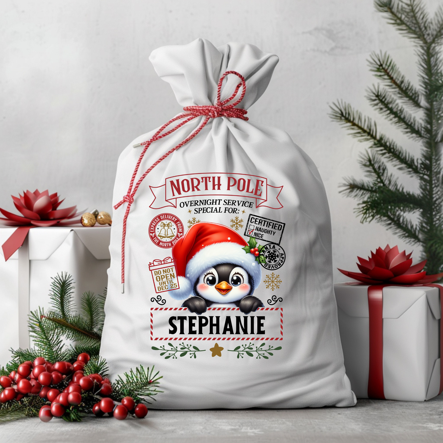 Personalized Christmas Gift Sack with Red Drawstring – Large 19.6" x 28" Santa Sack