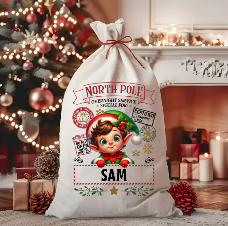 Personalized Santa sack with festive design in a Christmas setting