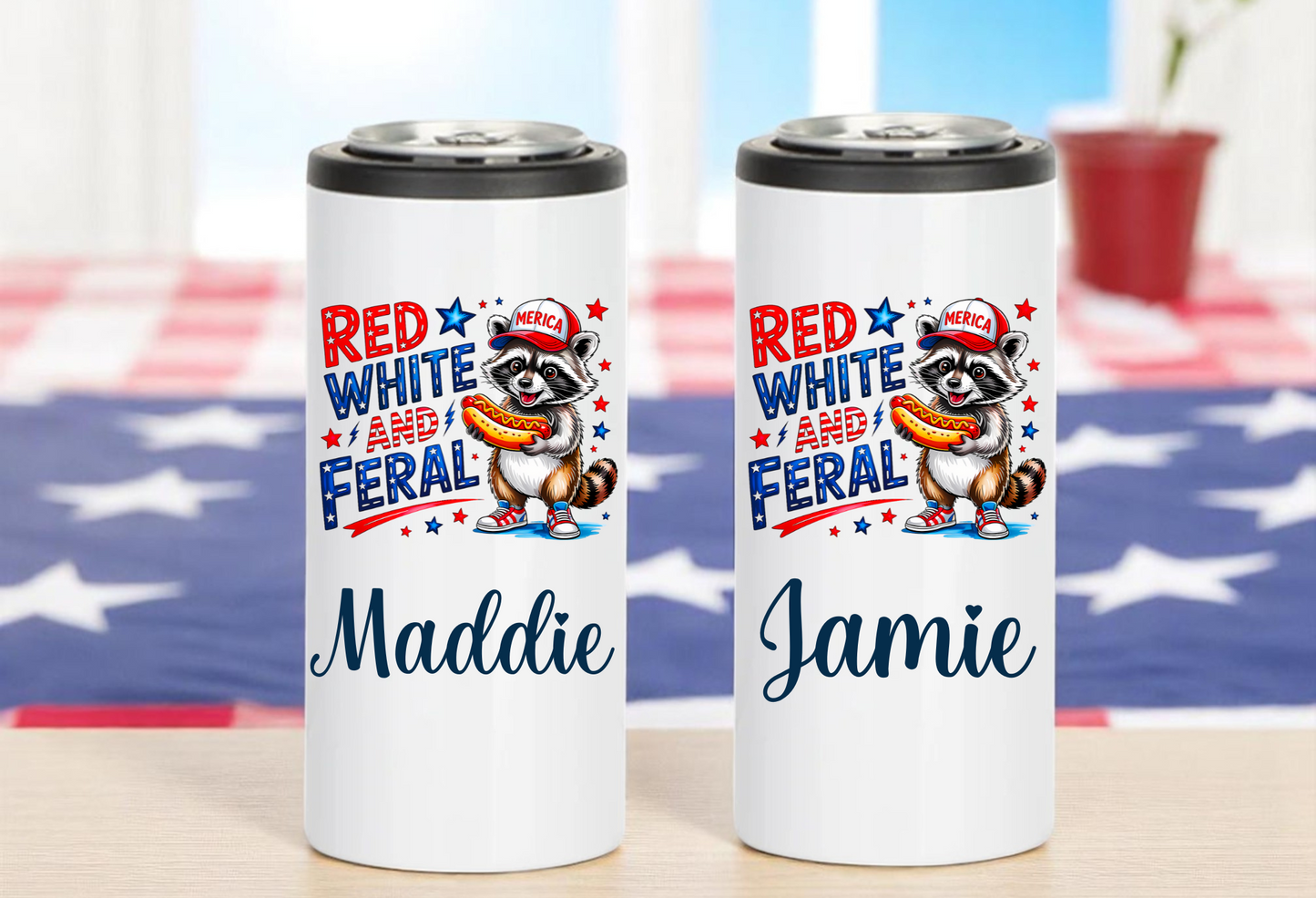 Patriotic Skinny Can Cooler – “Born Free but Now Expensive” – Custom Name Option
