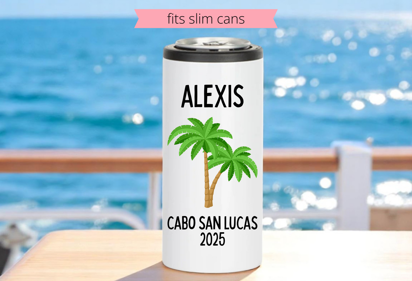 Personalized Palm Tree Trip 12oz Skinny Can Coozie – Custom Slim Can Cooler for Vacations & Bachelorettes