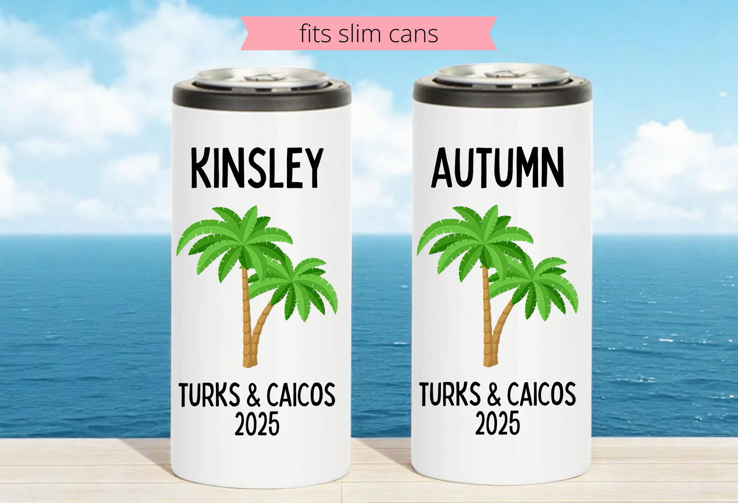 Personalized Palm Tree Trip 12oz Skinny Can Coozie – Custom Slim Can Cooler for Vacations & Bachelorettes