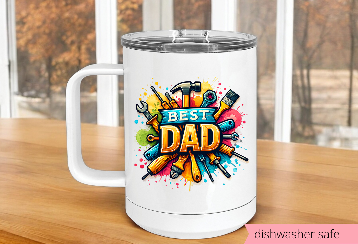 Personalized 20 oz Dad Coffee Mug with Tools | Insulated Stainless Steel Tumbler with Lid