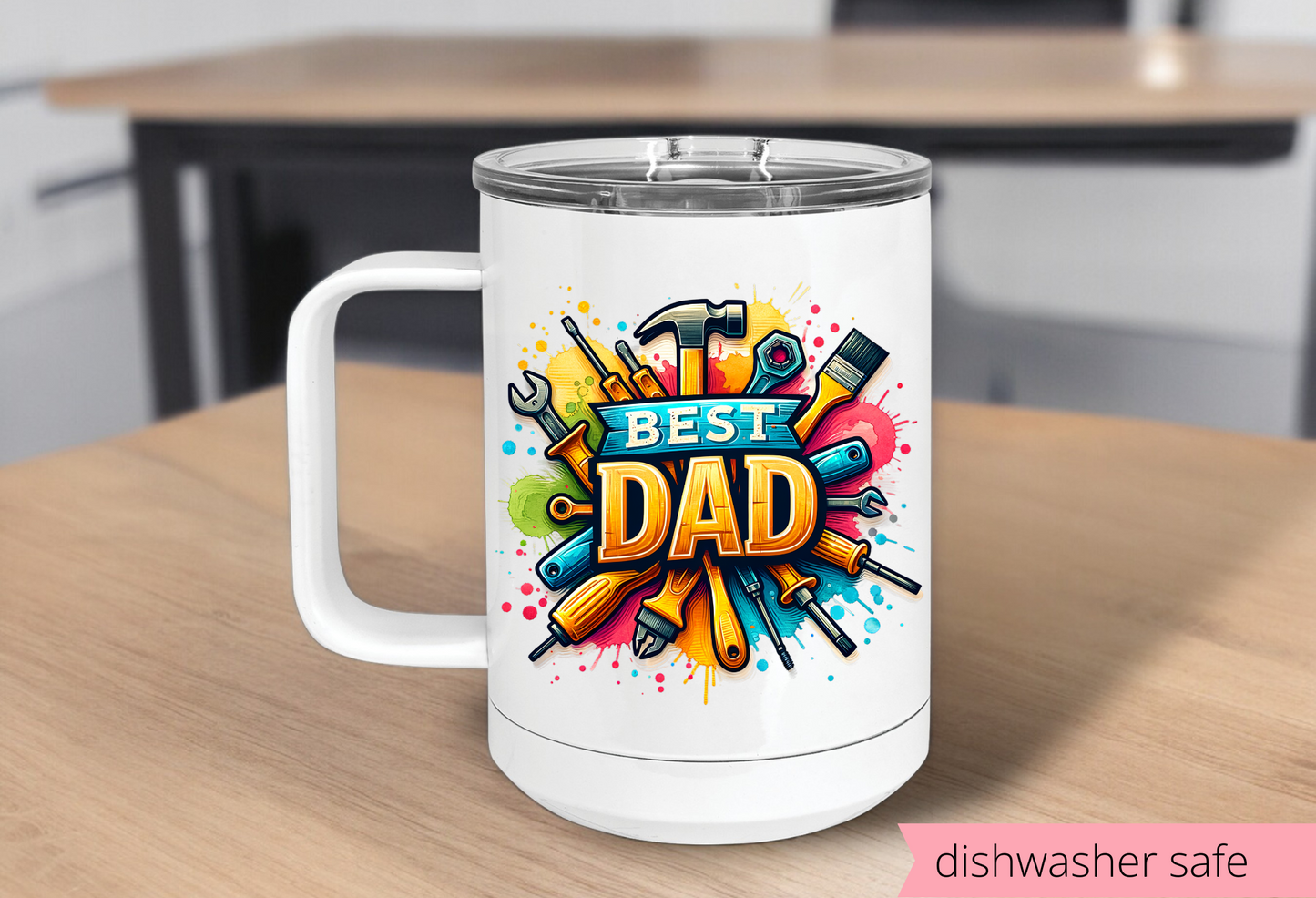 Personalized 20 oz Dad Coffee Mug with Tools | Insulated Stainless Steel Tumbler with Lid