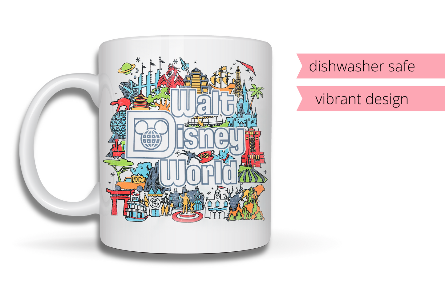 Retro Disney World 15oz Ceramic Mug – Sublimated Colorful Coffee Cup for Disney Lovers