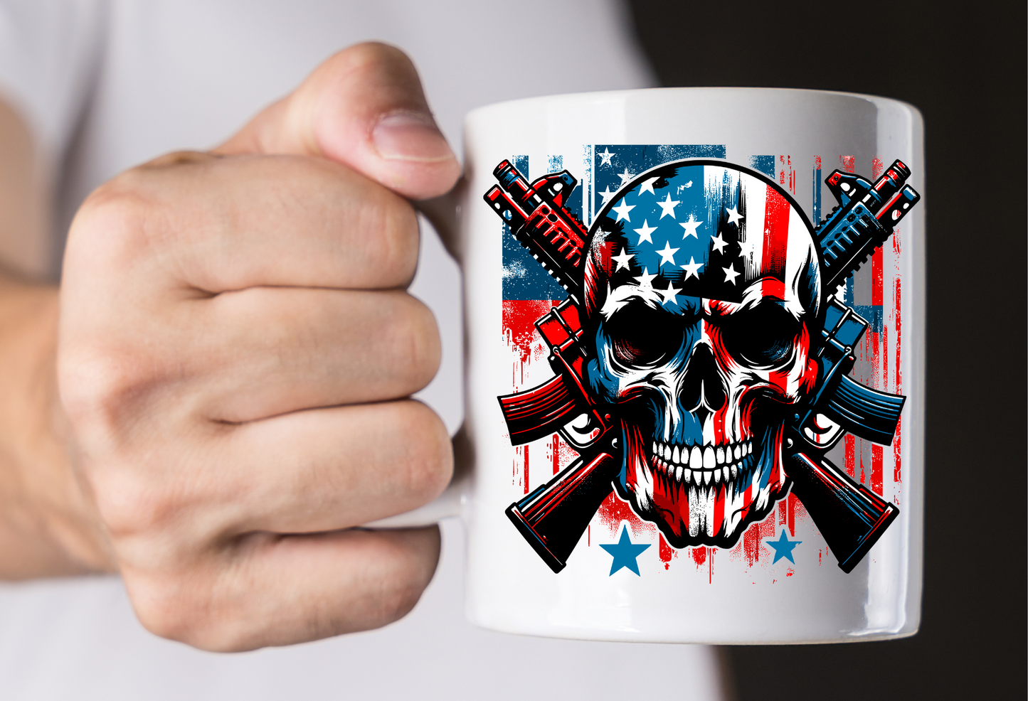 American Flag Skull Mug – 15 oz Ceramic Coffee Cup, Patriotic Guns Design, Sublimated Gift
