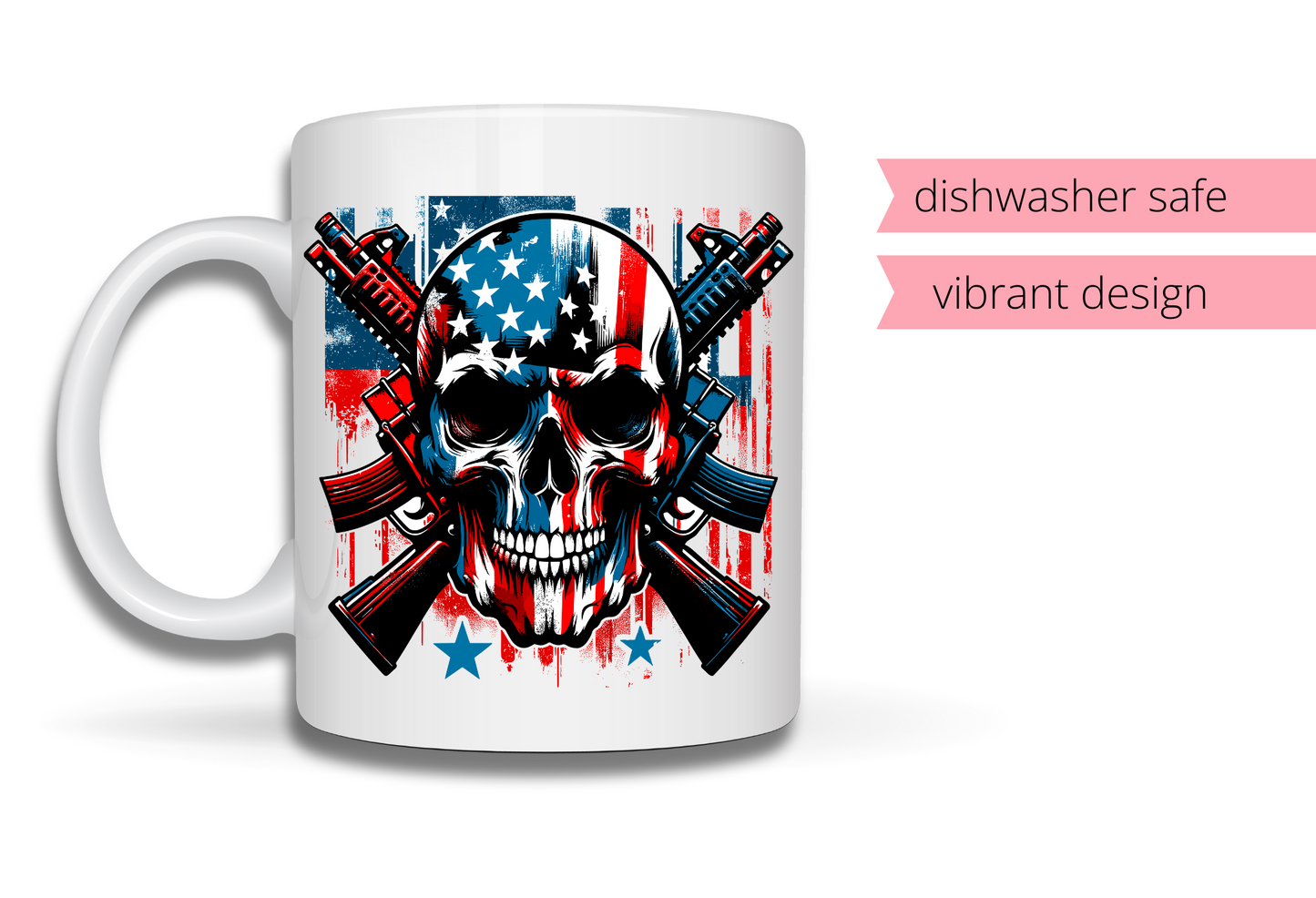 American Flag Skull Mug – 15 oz Ceramic Coffee Cup, Patriotic Guns Design, Sublimated Gift