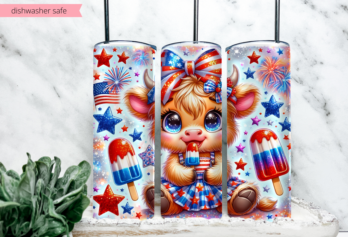 Patriotic Highland Cow 20oz Skinny Tumbler – Sublimated, Stainless Steel, Insulated, Includes Straw