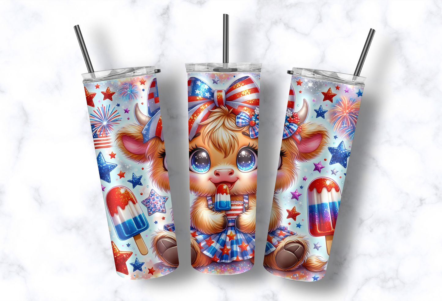 Patriotic Highland Cow 20oz Skinny Tumbler – Sublimated, Stainless Steel, Insulated, Includes Straw