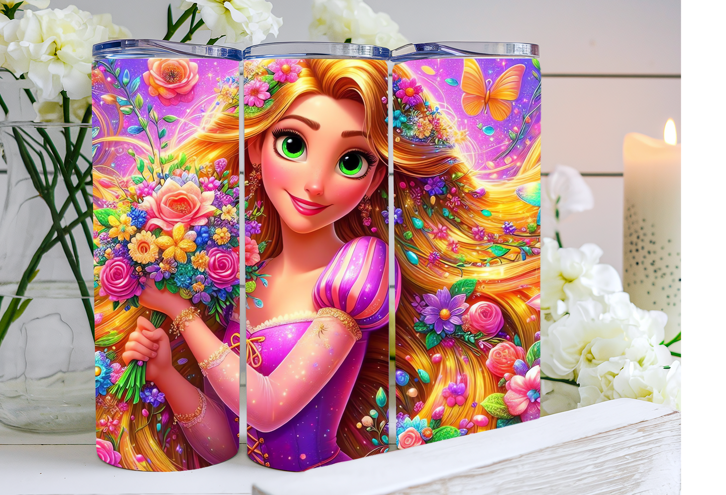 20 oz Sublimated Rapunzel Tumbler – Stainless Steel Disney Princess Cup with Lid & Straw