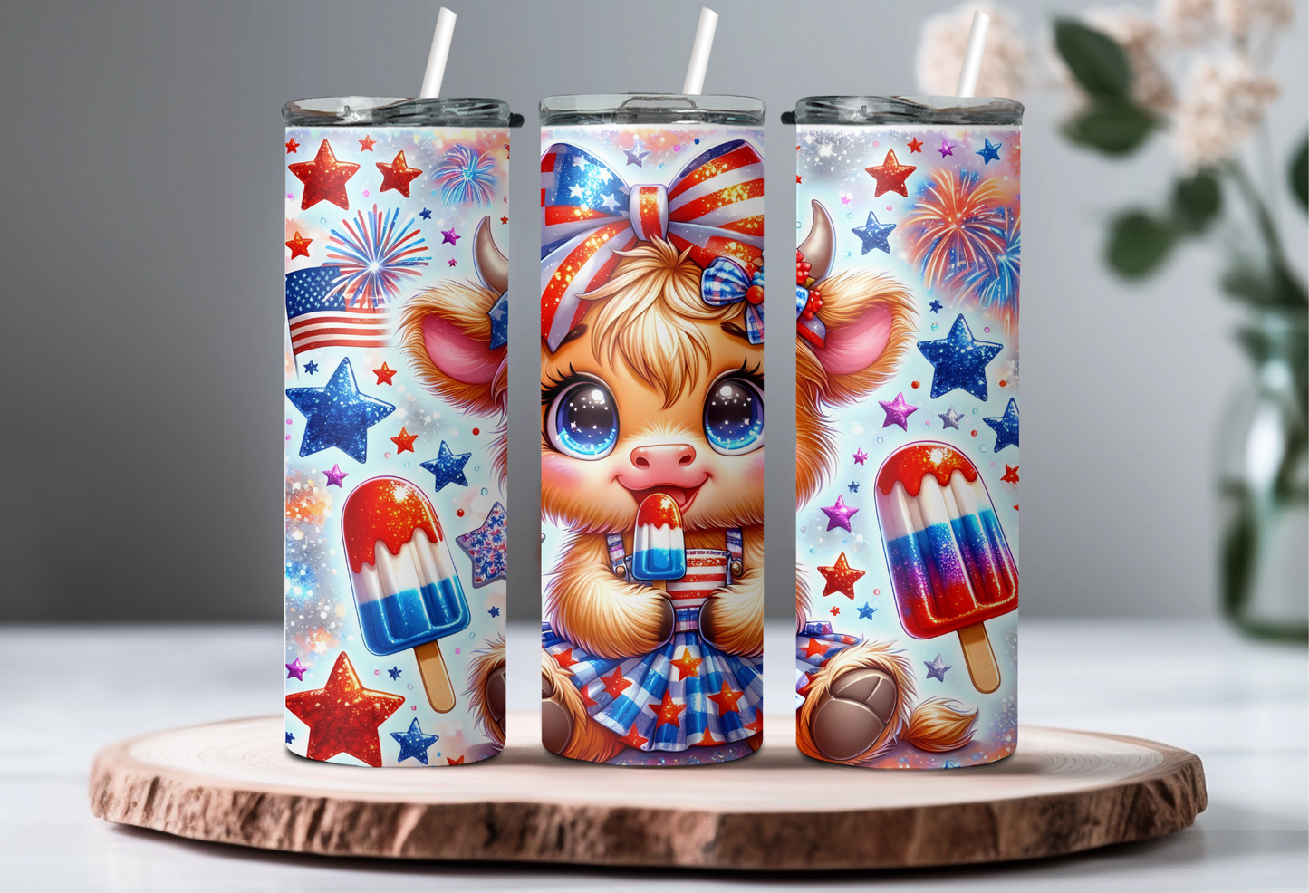 Patriotic Highland Cow 20oz Skinny Tumbler – Sublimated, Stainless Steel, Insulated, Includes Straw