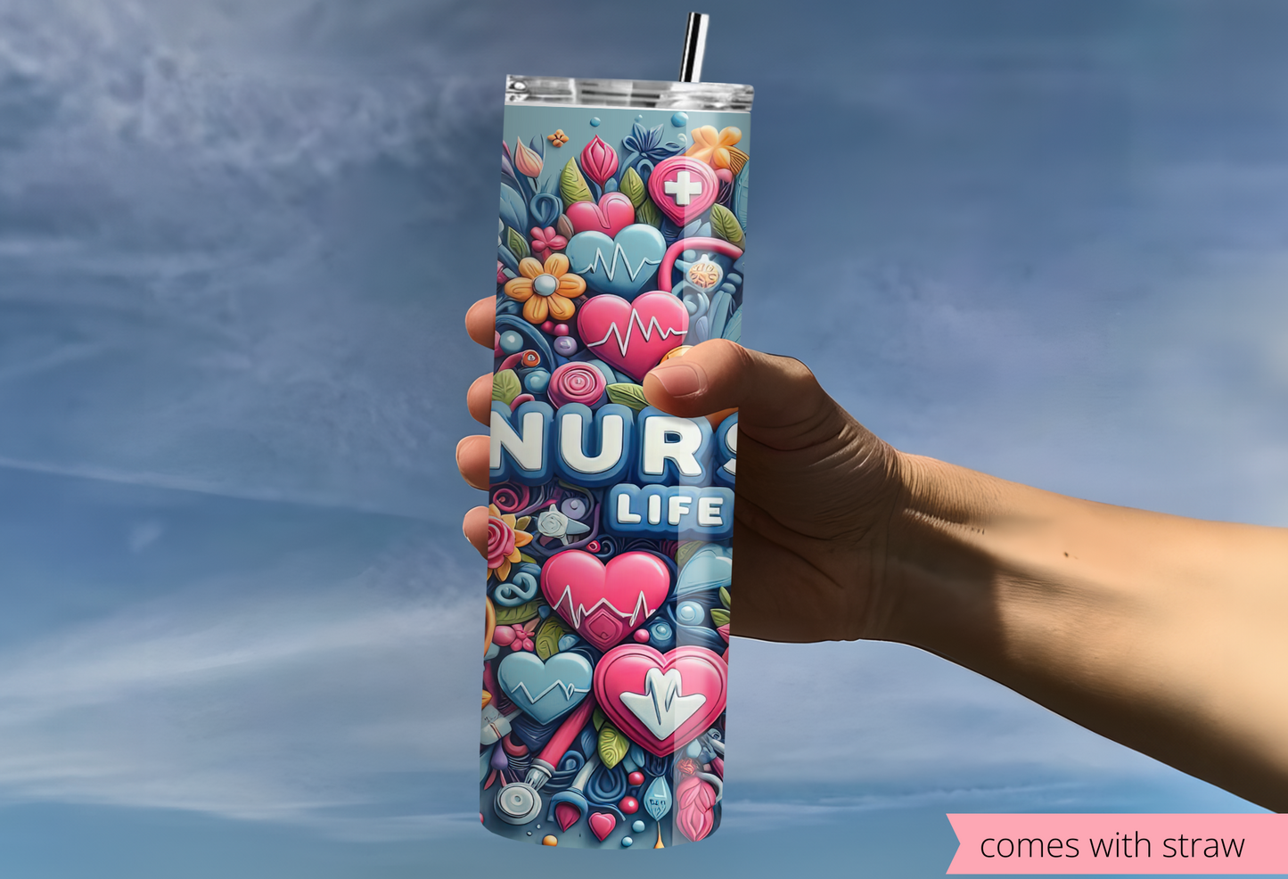Personalized Nurse 20oz Skinny Tumbler – Custom Sublimated Stainless Steel Cup with Straw