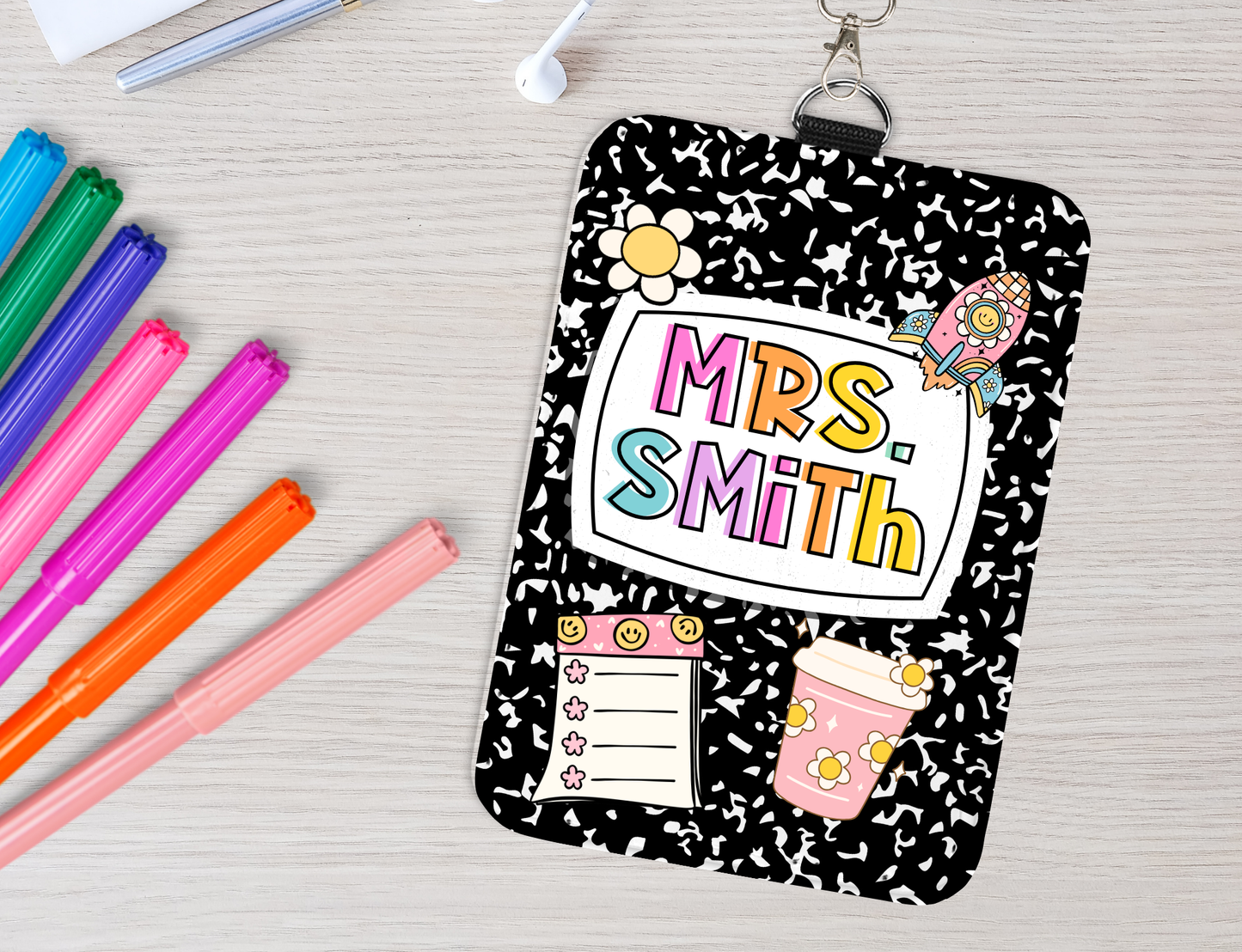 Personalized name tag for 'Mrs. Smith' with colorful design on a light gray background