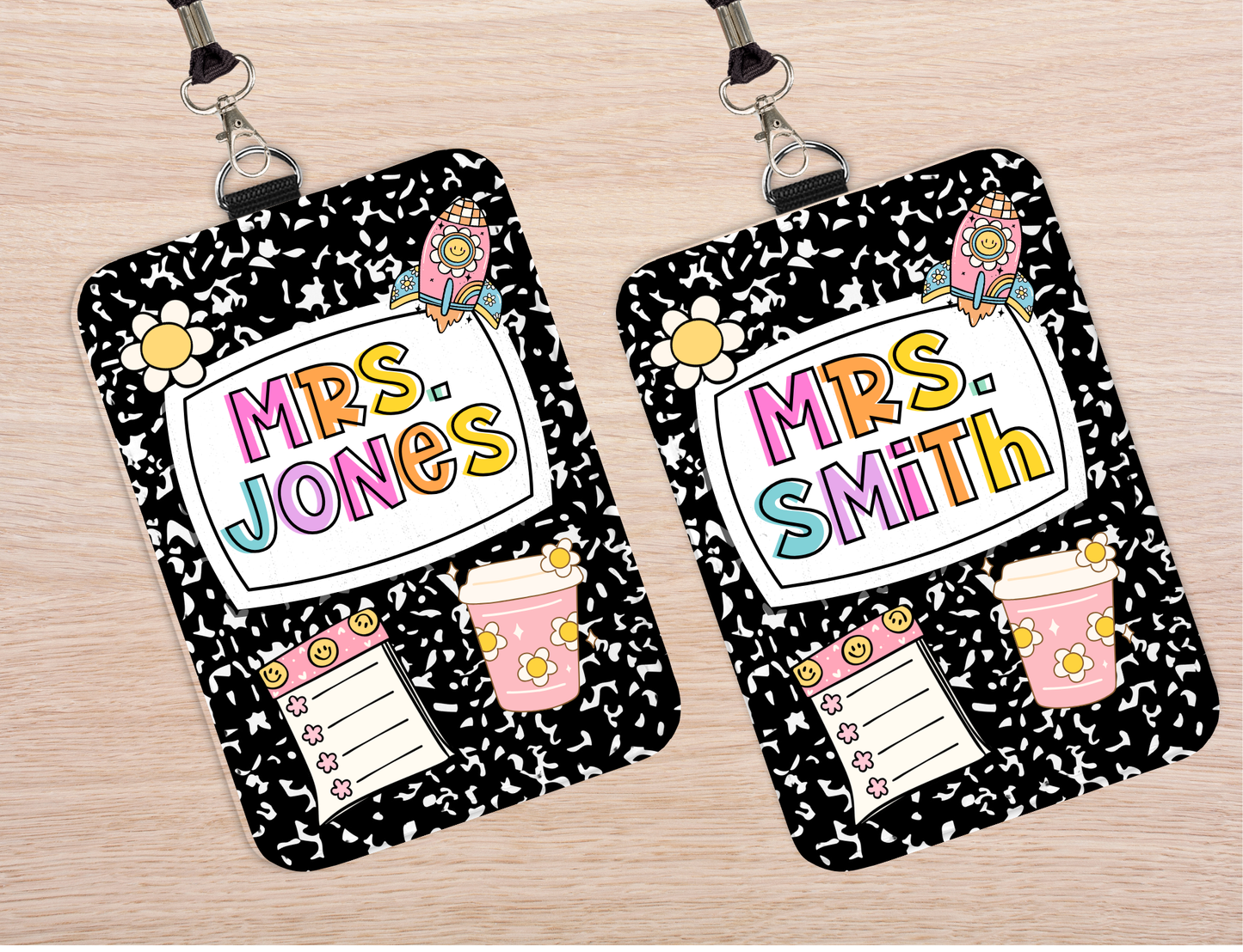 Personalized Teacher ID Badge Holder – Composition Notebook Design with Lanyard