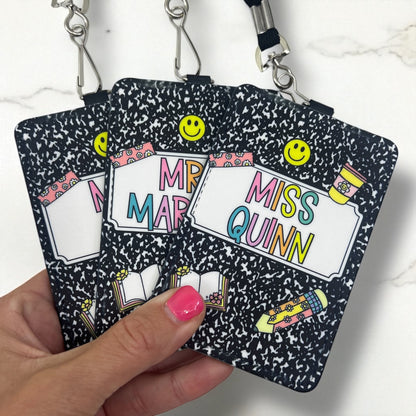Personalized Teacher ID Badge Holder – Composition Notebook Design with Lanyard