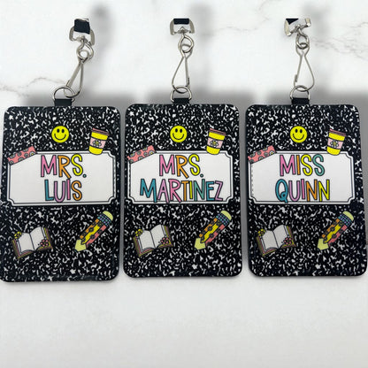 Personalized Teacher ID Badge Holder – Composition Notebook Design with Lanyard
