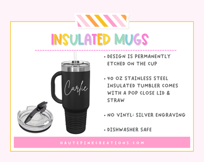 40 oz Insulated Tumbler with Handle – Personalized Engraved Cup | Dishwasher Safe | Slide Lid & Straw | Fits Cup Holders