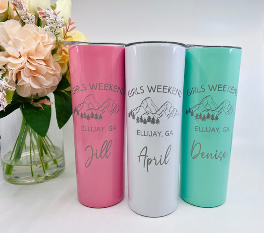 Personalized Mountain Adventure Tumbler – 20 oz Laser Engraved Skinny Tumbler with Name & Location – Dishwasher Safe Travel Cup with Lid & Straw