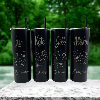 Zodiac Tumbler – 20 oz Skinny Laser Engraved, Personalized Astrology Gift, Custom Star Sign Cup