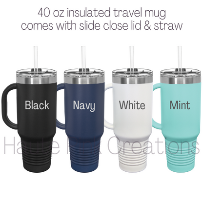 40 oz Insulated Tumbler with Handle – Personalized Engraved Cup | Dishwasher Safe | Slide Lid & Straw | Fits Cup Holders