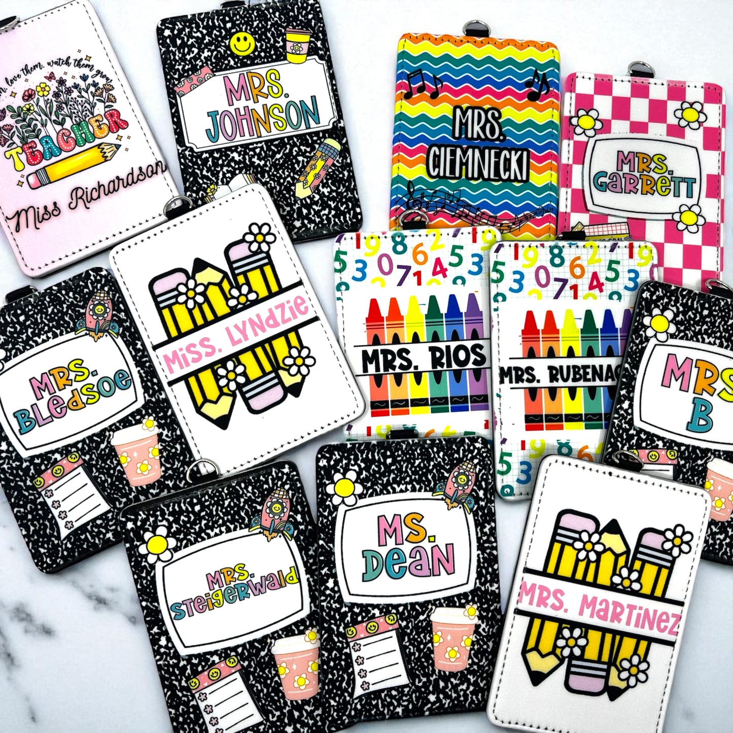 Personalized Teacher ID Badge Holder – Composition Notebook Design with Lanyard