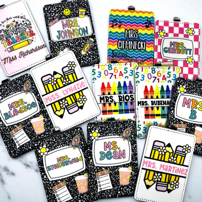 Personalized Teacher ID Badge Holder – Composition Notebook Design with Lanyard
