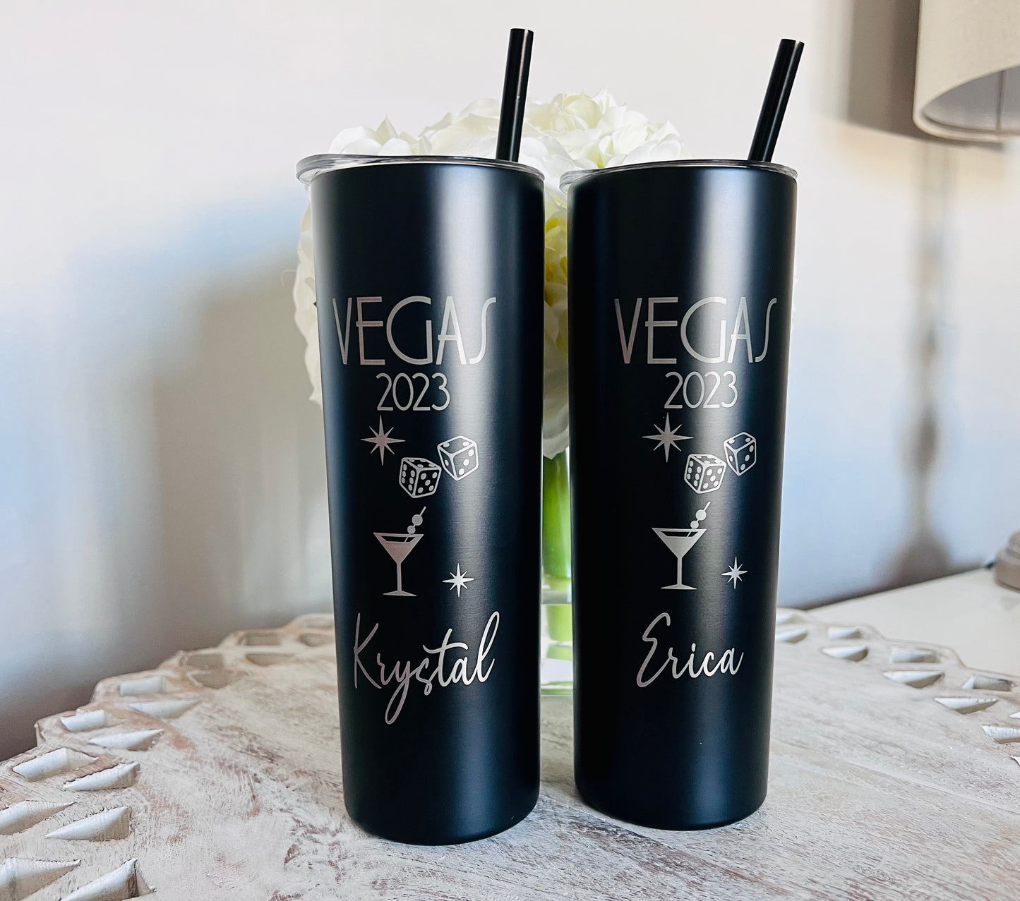 Personalized Vegas Trip Tumbler – 20 oz Laser Engraved Skinny Tumbler with Name – Custom Las Vegas Travel Souvenir Cup with Lid & Straw