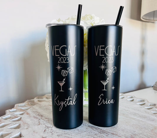 Personalized Vegas Trip Tumbler – 20 oz Laser Engraved Skinny Tumbler with Name – Custom Las Vegas Travel Souvenir Cup with Lid & Straw