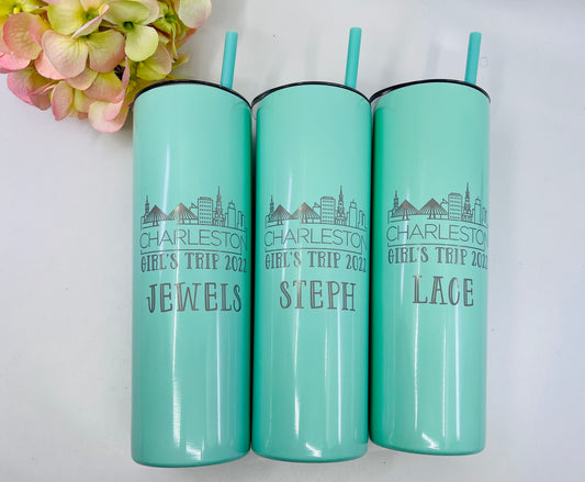 Personalized 20 oz Skinny Tumbler with City Skyline – Custom Stainless Steel Travel Cup