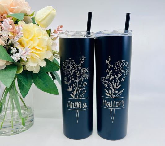 Personalized Birth Month Flower Tumbler – Flower Tumbler - Personalized Cup with Lid and Straw