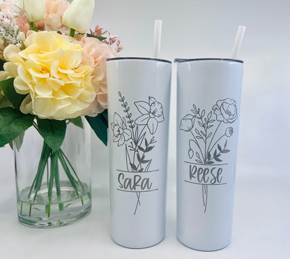 Personalized Birth Month Flower Tumbler – Flower Tumbler - Personalized Cup with Lid and Straw