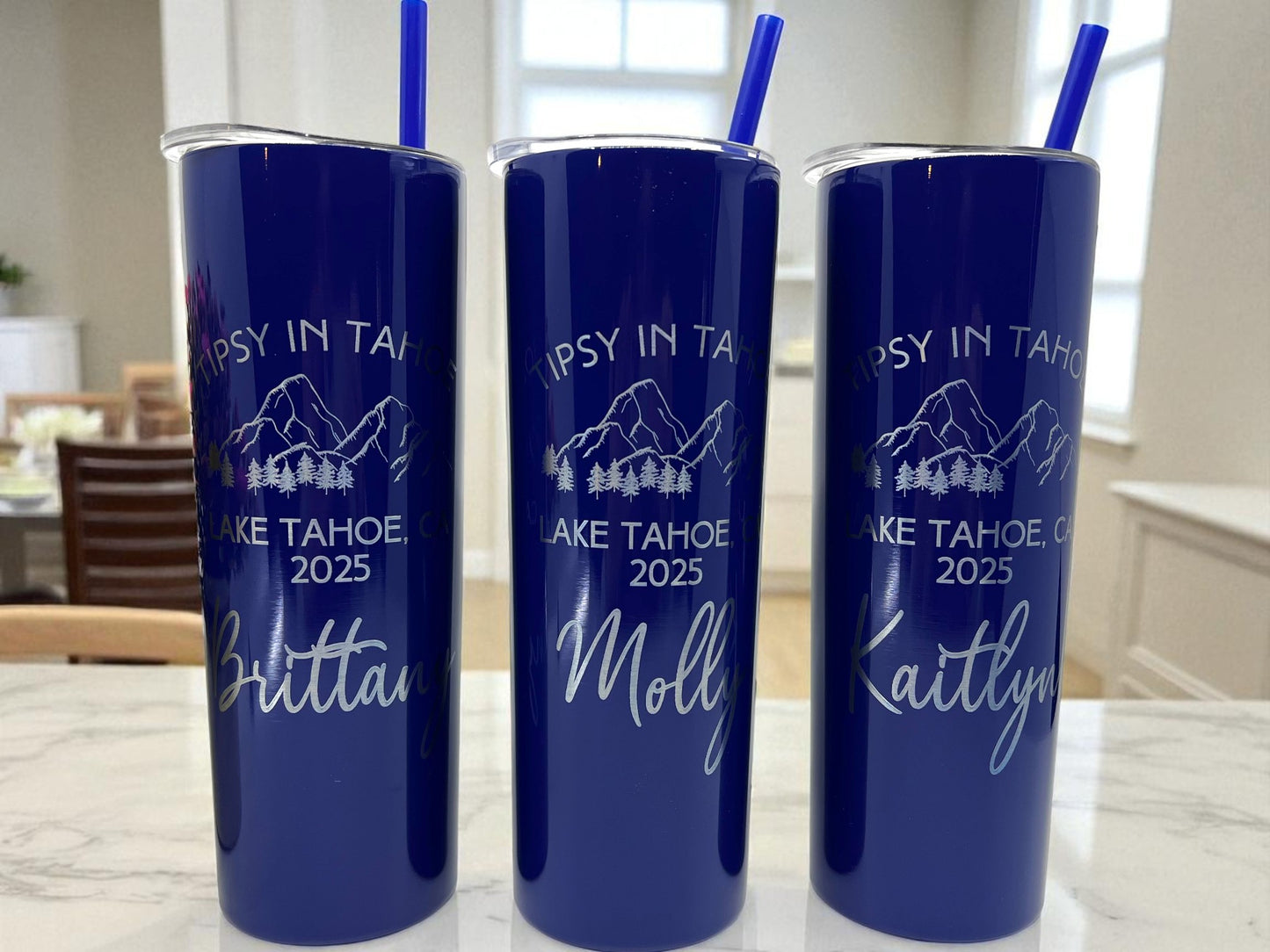 Personalized Mountain Adventure Tumbler – 20 oz Laser Engraved Skinny Tumbler with Name & Location – Dishwasher Safe Travel Cup with Lid & Straw