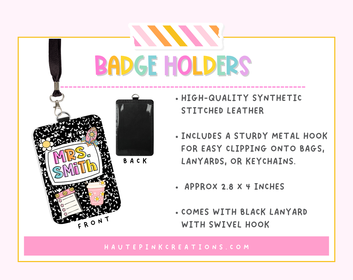 Badge holder with 'Mrs. Smith' design on a pink background, featuring text about product details.